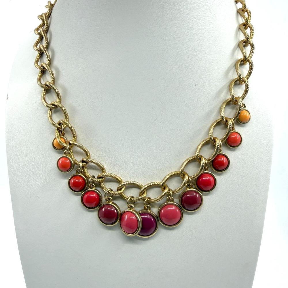 Ombré Red Statement Necklace Gold Tone Chunky Chain Boho Layering Festival Gift